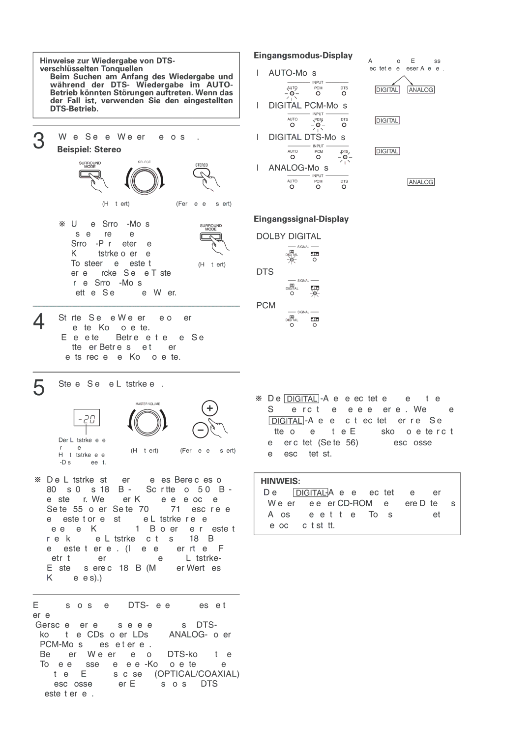 Denon AVR-2803 manual Eingangsmodus-Display, Wählen Sie den Wiedergabemodus an, Beispiel Stereo, Eingangssignal-Display 