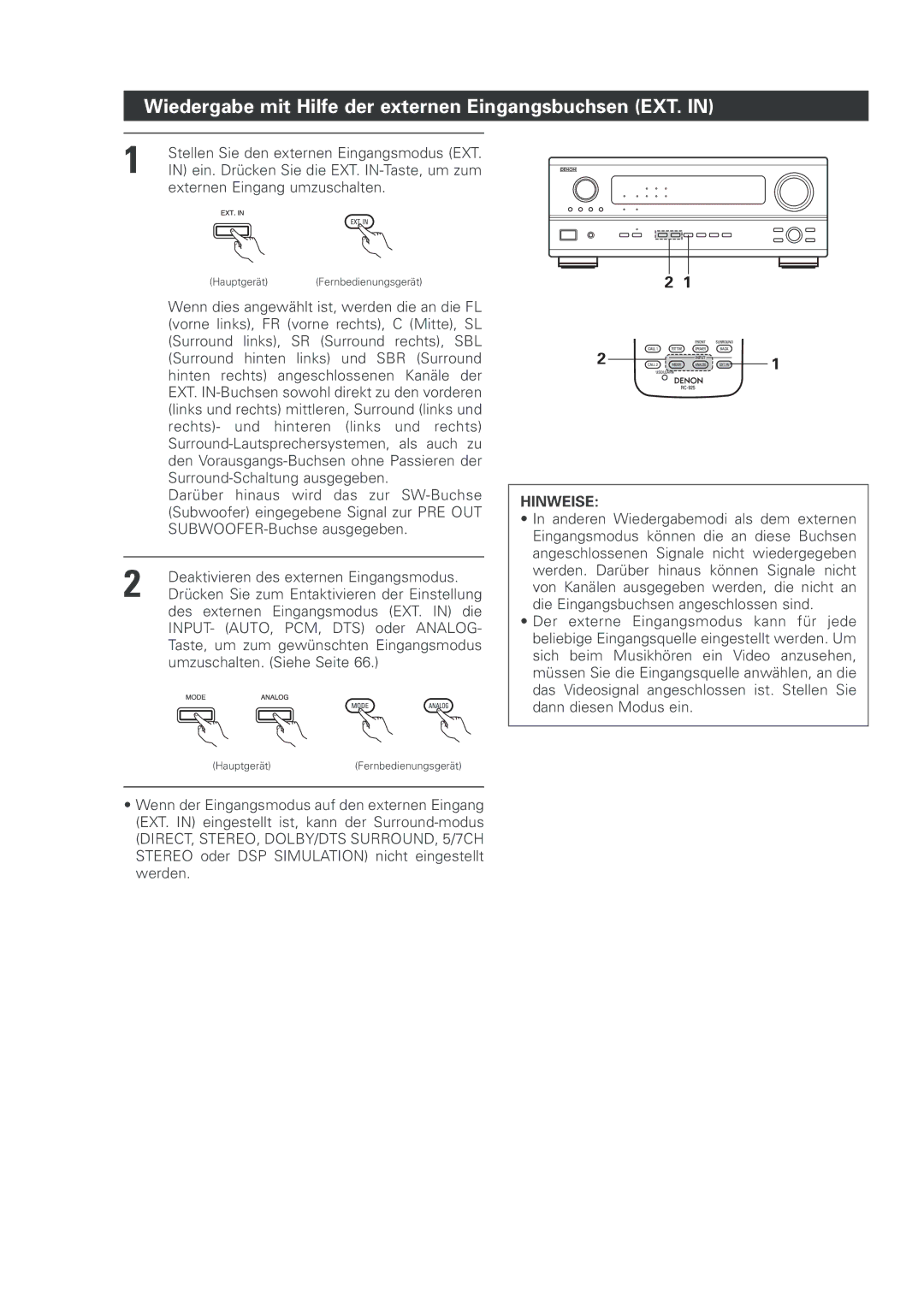 Denon AVR-2803 manual Wiedergabe mit Hilfe der externen Eingangsbuchsen EXT 