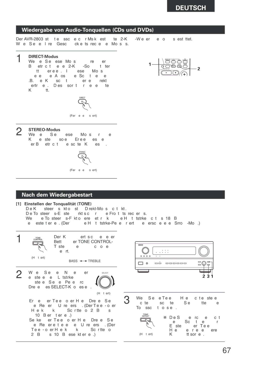 Denon AVR-2803 manual Wiedergabe von Audio-Tonquellen CDs und DVDs, Nach dem Wiedergabestart, DIRECT-Modus, STEREO-Modus 