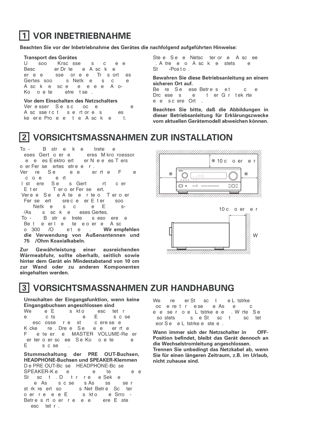 Denon AVR-2803 manual VOR Inbetriebnahme, Vorsichtsmassnahmen ZUR Installation, Vorsichtsmassnahmen ZUR Handhabung 