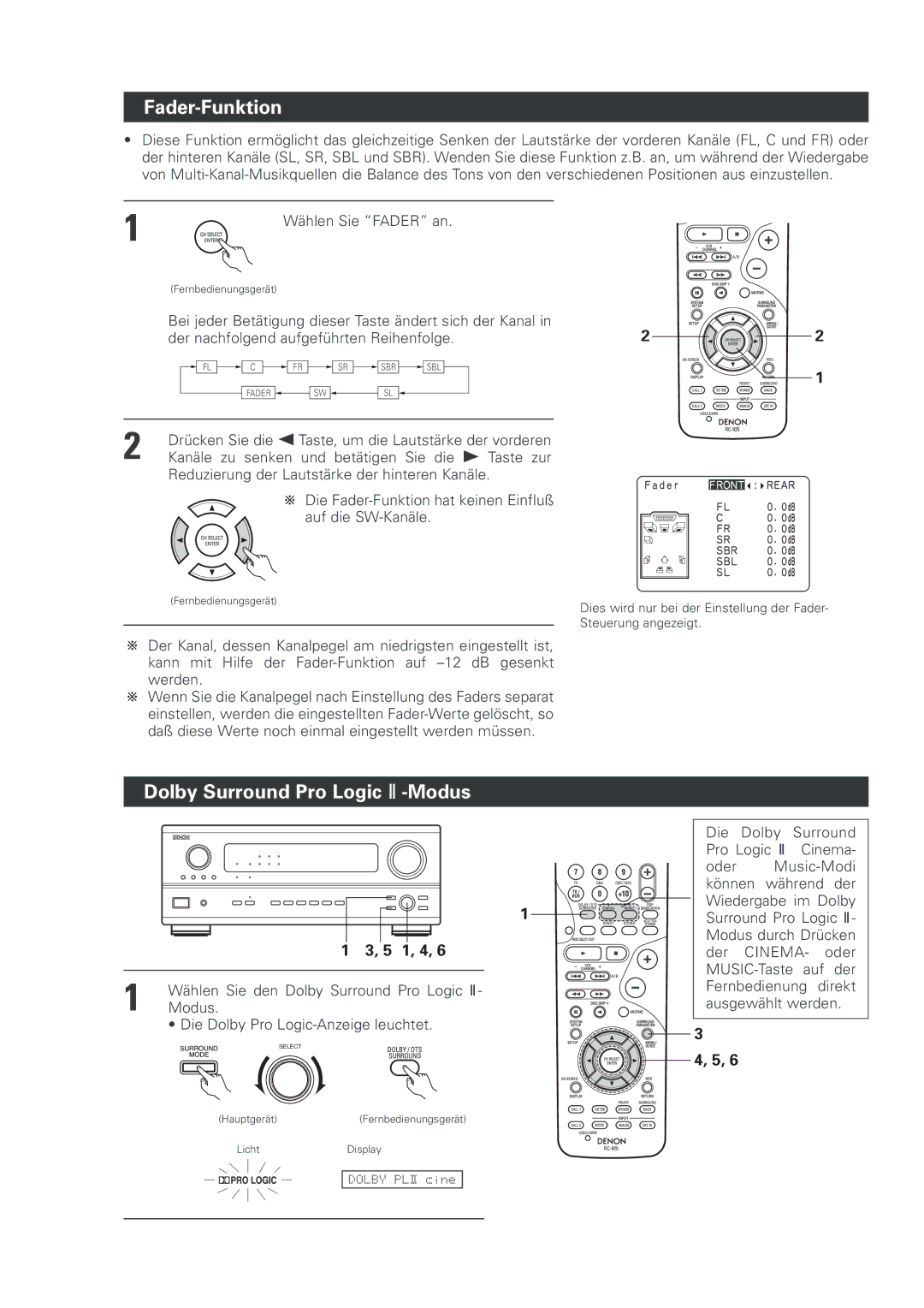 Denon AVR-2803 manual Fader-Funktion, Dolby Surround Pro Logic II-Modus 