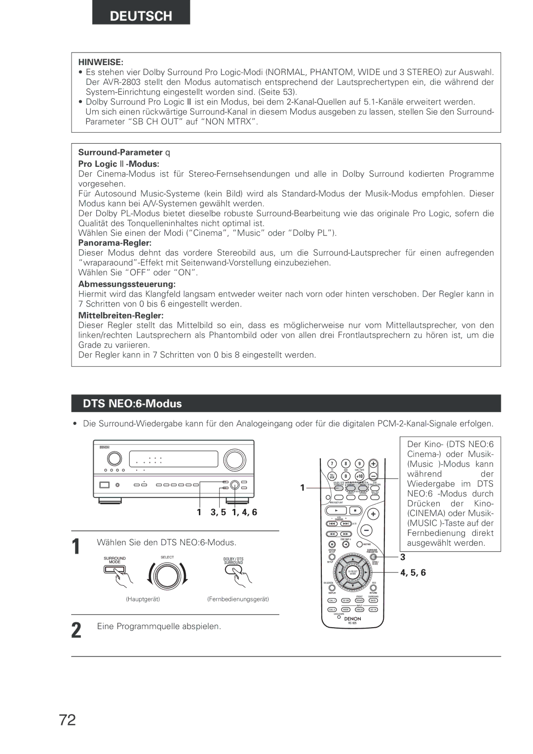 Denon AVR-2803 manual DTS NEO6-Modus, Surround-Parameter q Pro Logic II-Modus, Panorama-Regler, Abmessungssteuerung 