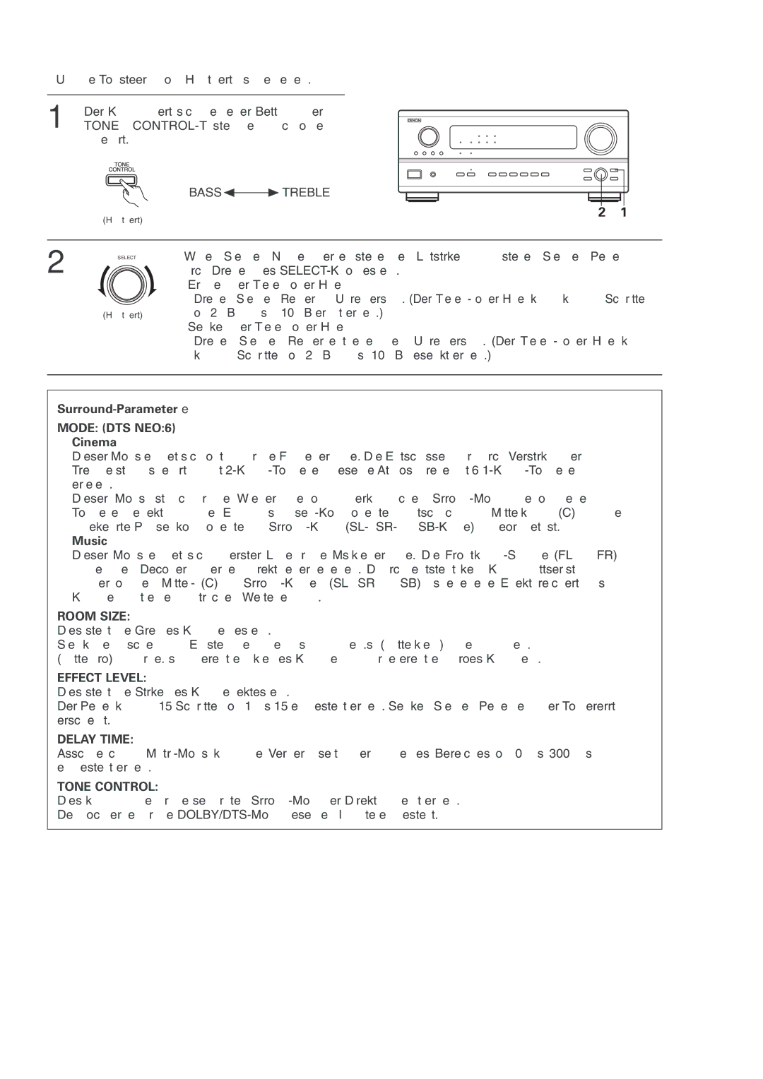 Denon AVR-2803 manual Bass 0 1 Treble, Surround-Parameter e, Cinema, Music 