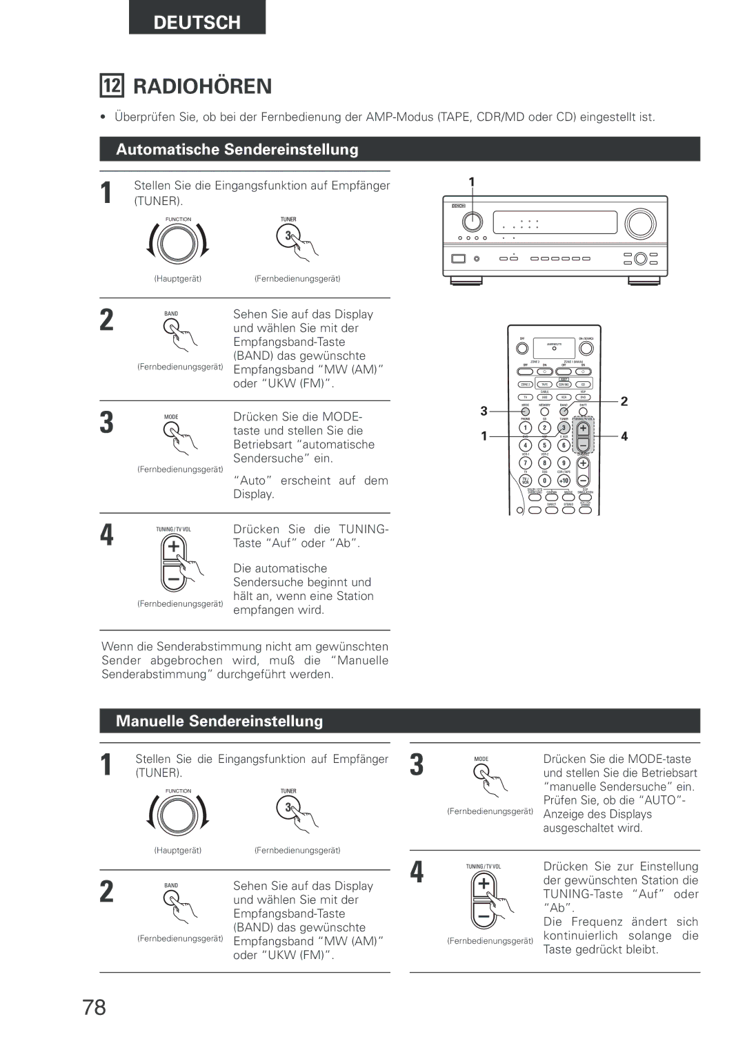 Denon AVR-2803 manual Radiohören, Manuelle Sendereinstellung, Tuner 