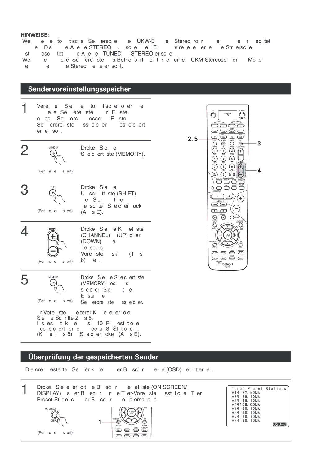 Denon AVR-2803 manual Sendervoreinstellungsspeicher, Überprüfung der gespeicherten Sender 