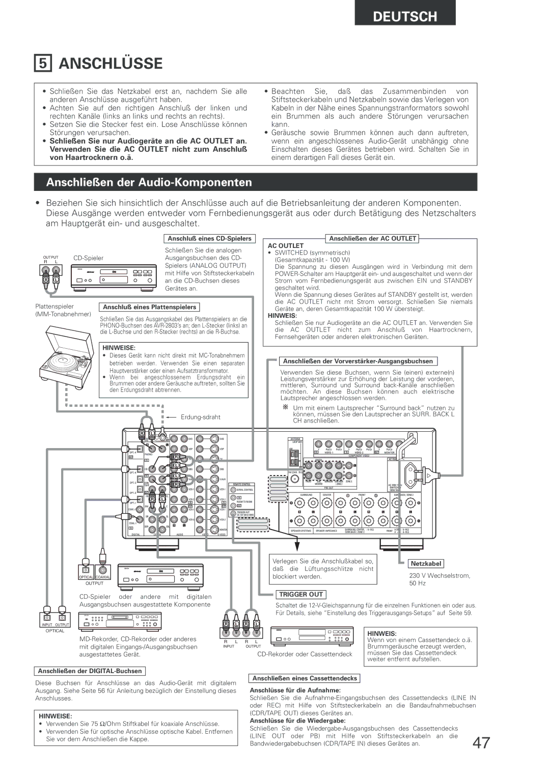 Denon AVR-2803 manual Anschlüsse, Anschließen der Audio-Komponenten 