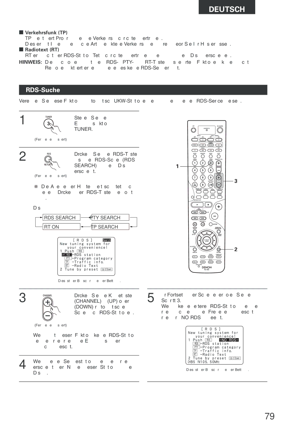 Denon AVR-2803 manual RDS-Suche, Verkehrsfunk TP, Radiotext RT 