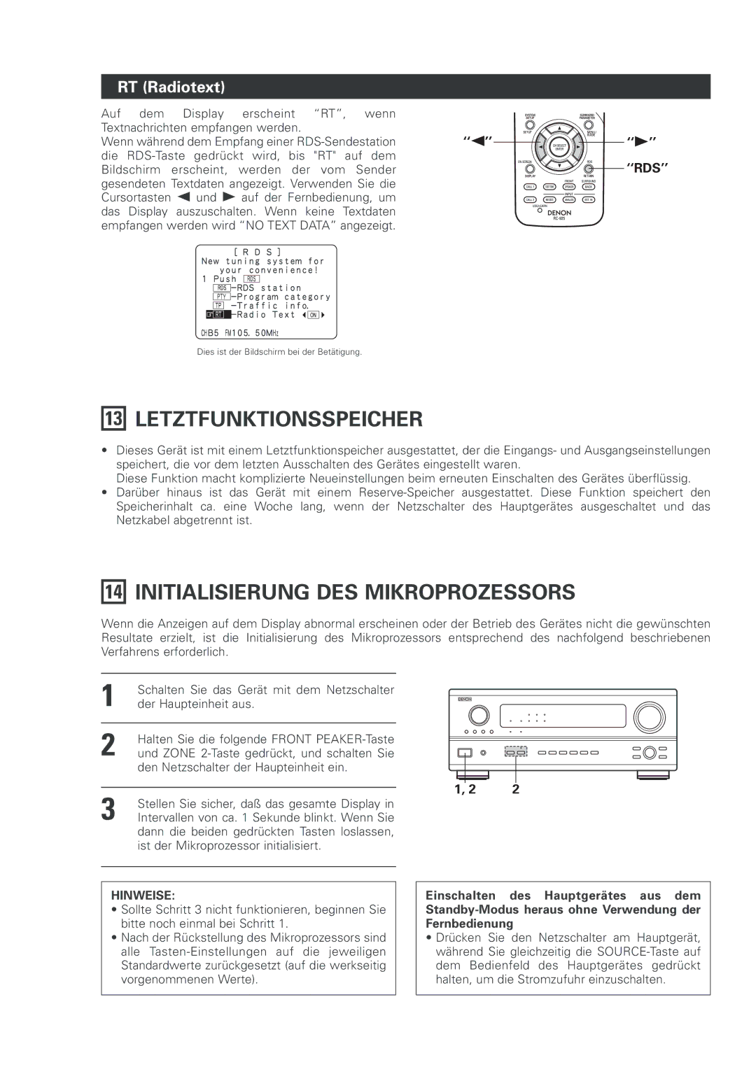 Denon AVR-2803 manual Letztfunktionsspeicher, Initialisierung DES Mikroprozessors, RT Radiotext 