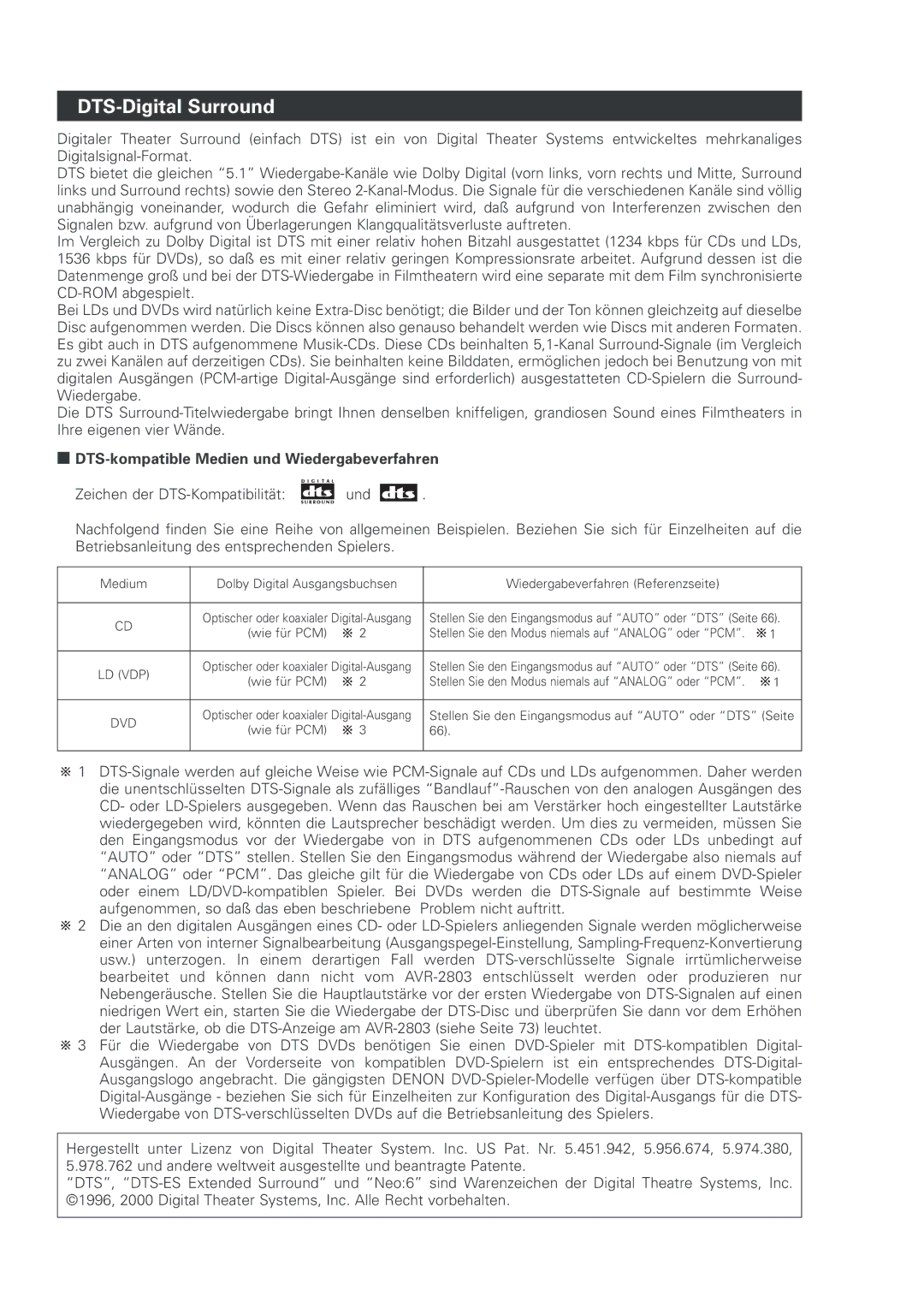 Denon AVR-2803 manual DTS-Digital Surround, DTS-kompatible Medien und Wiedergabeverfahren 