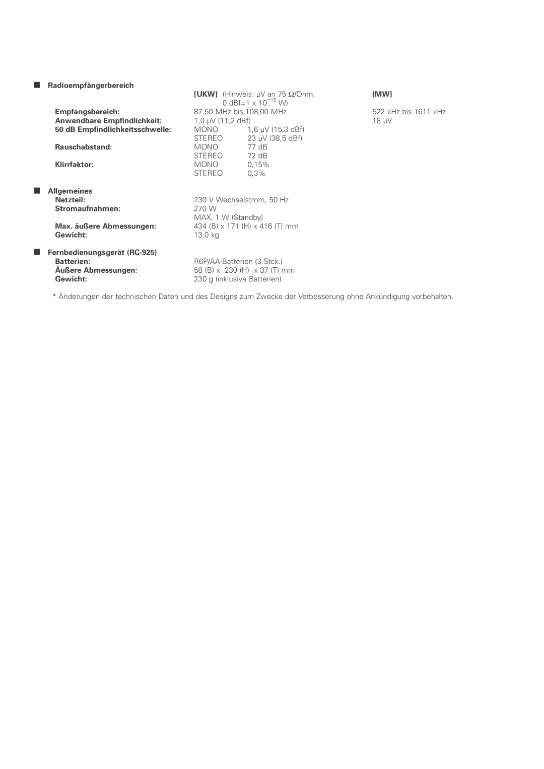 Denon AVR-2803 manual Radioempfängerbereich 