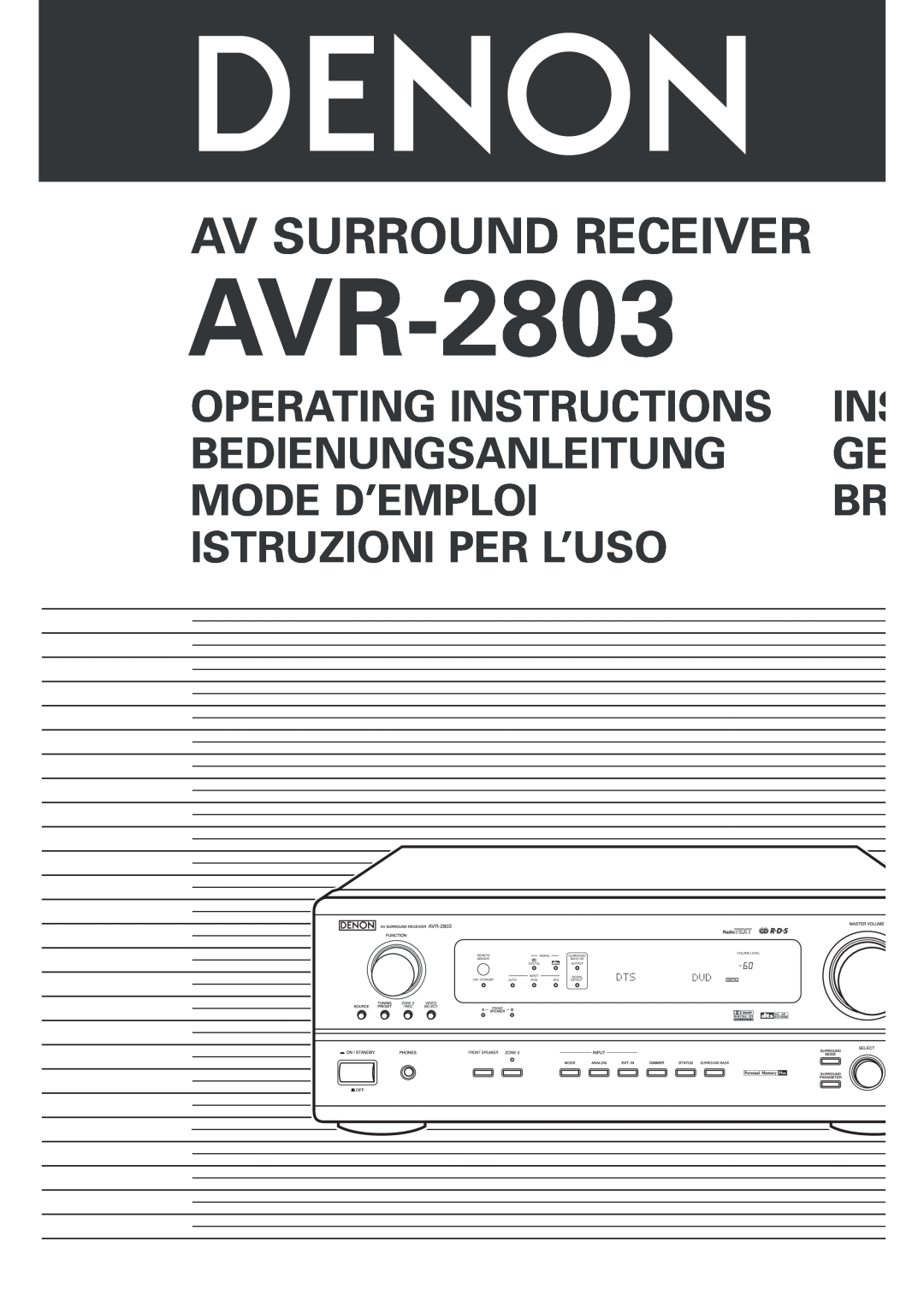 Denon AVR-2803 manual Av Surround Receiver, Operating Instructions, Bedienungsanleitung, Mode D’Emploi, Volume Level, Auto 