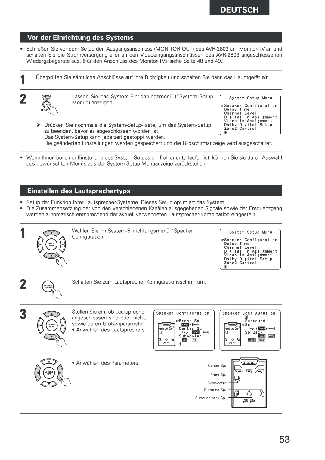 Denon AVR-2803 manual Vor der Einrichtung des Systems, Einstellen des Lautsprechertyps, Deutsch 
