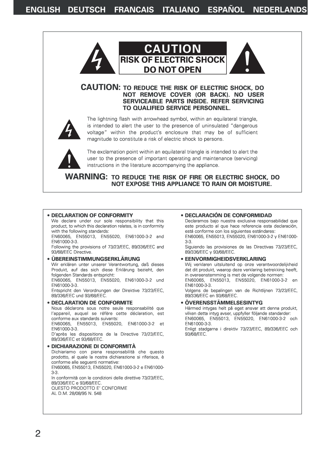 Denon AVR-2803 English Deutsch Francais Italiano Español Nederlands, Caution To Reduce The Risk Of Electric Shock, Do 