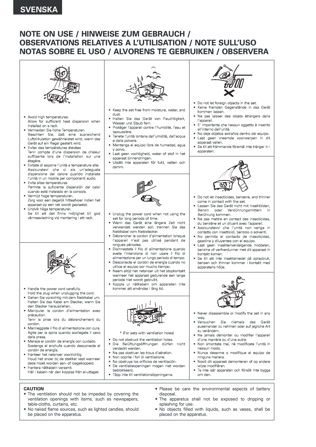 Denon AVR-2803 manual Svenska, Note On Use / Hinweise Zum Gebrauch 