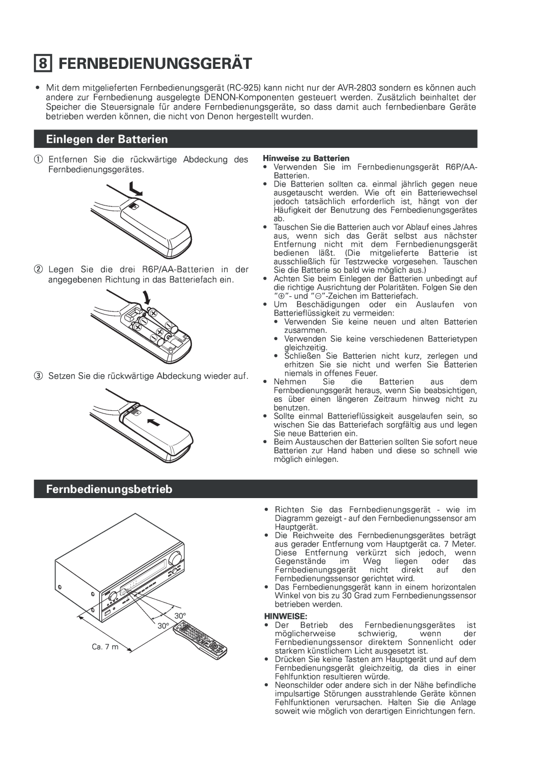 Denon AVR-2803 manual Fernbedienungsgerät, Einlegen der Batterien, Fernbedienungsbetrieb, Hinweise zu Batterien 