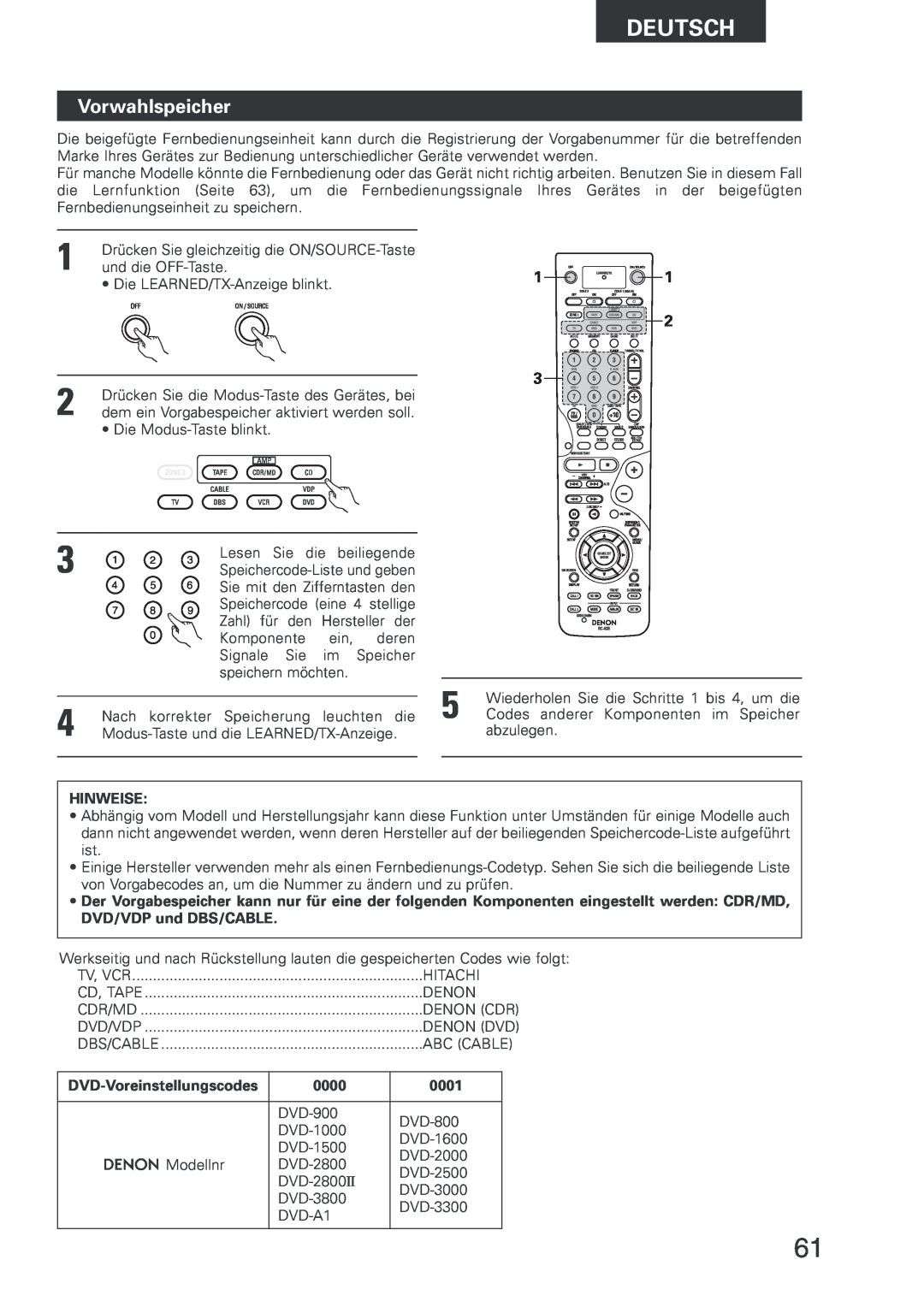 Denon AVR-2803 manual Vorwahlspeicher, DVD-Voreinstellungscodes, 0000, 0001, Deutsch, Hinweise 