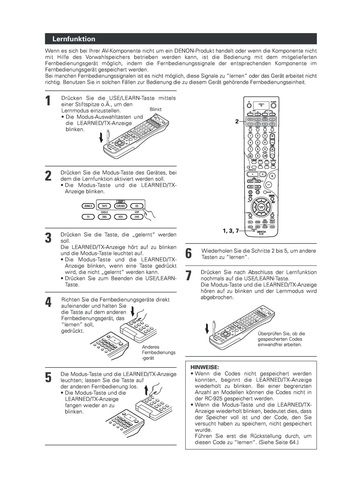 Denon AVR-2803 manual Lernfunktion, 1, 3, Hinweise 
