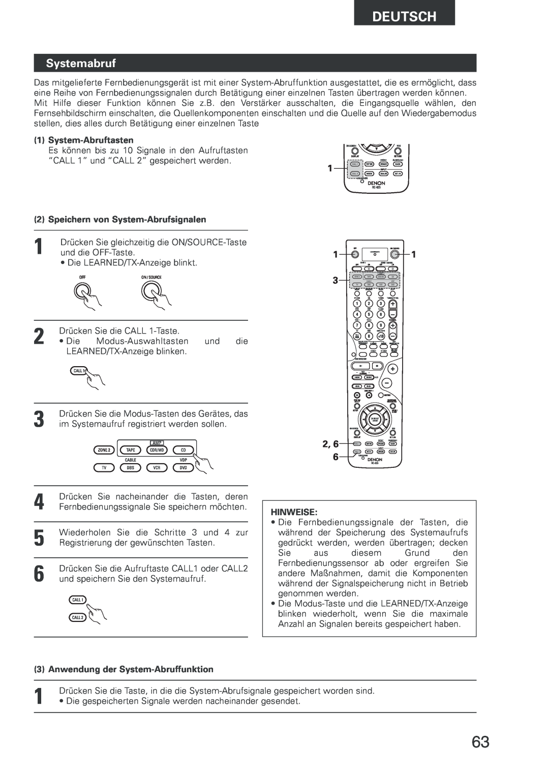 Denon AVR-2803 manual Systemabruf, System-Abruftasten, Speichern von System-Abrufsignalen, 2, 6, Deutsch, Hinweise 