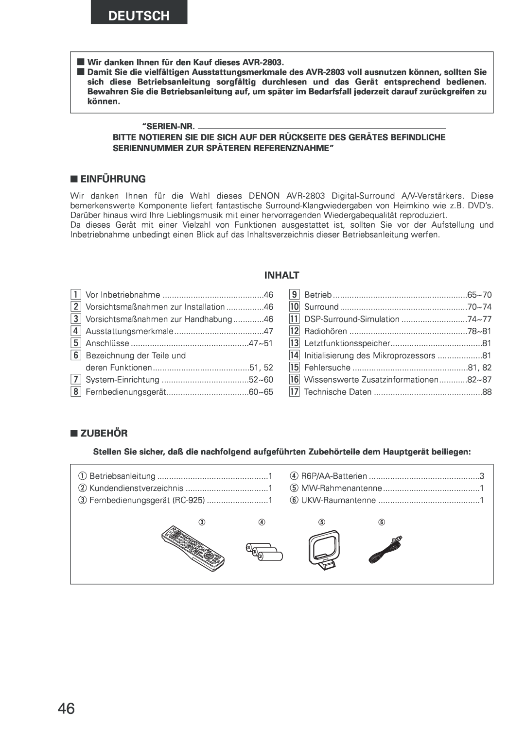 Denon manual Deutsch, Einführung, Inhalt, Zubehör, Wir danken Ihnen für den Kauf dieses AVR-2803, “Serien-Nr 