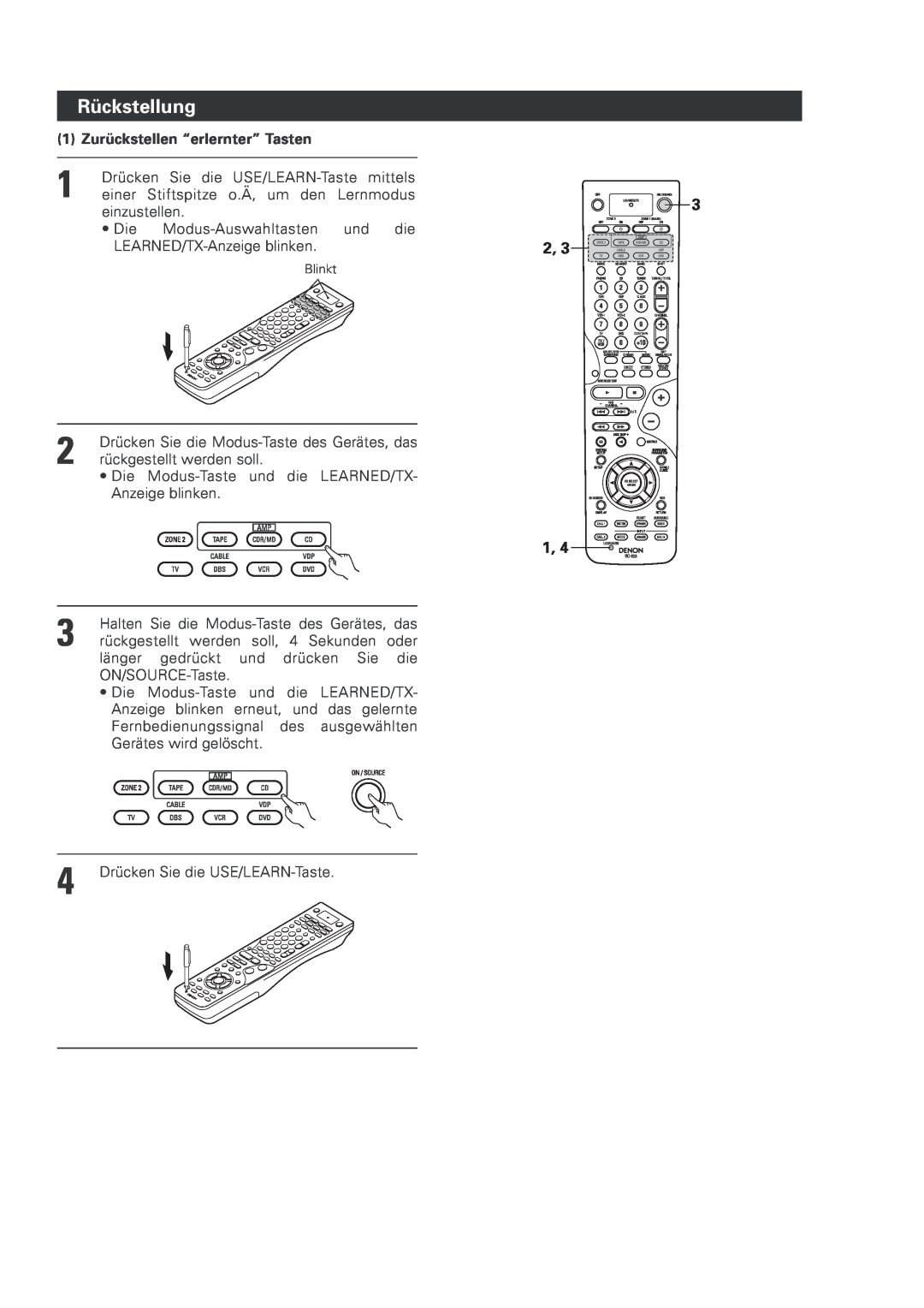 Denon AVR-2803 manual Rückstellung, 1 Zurückstellen “erlernter” Tasten 
