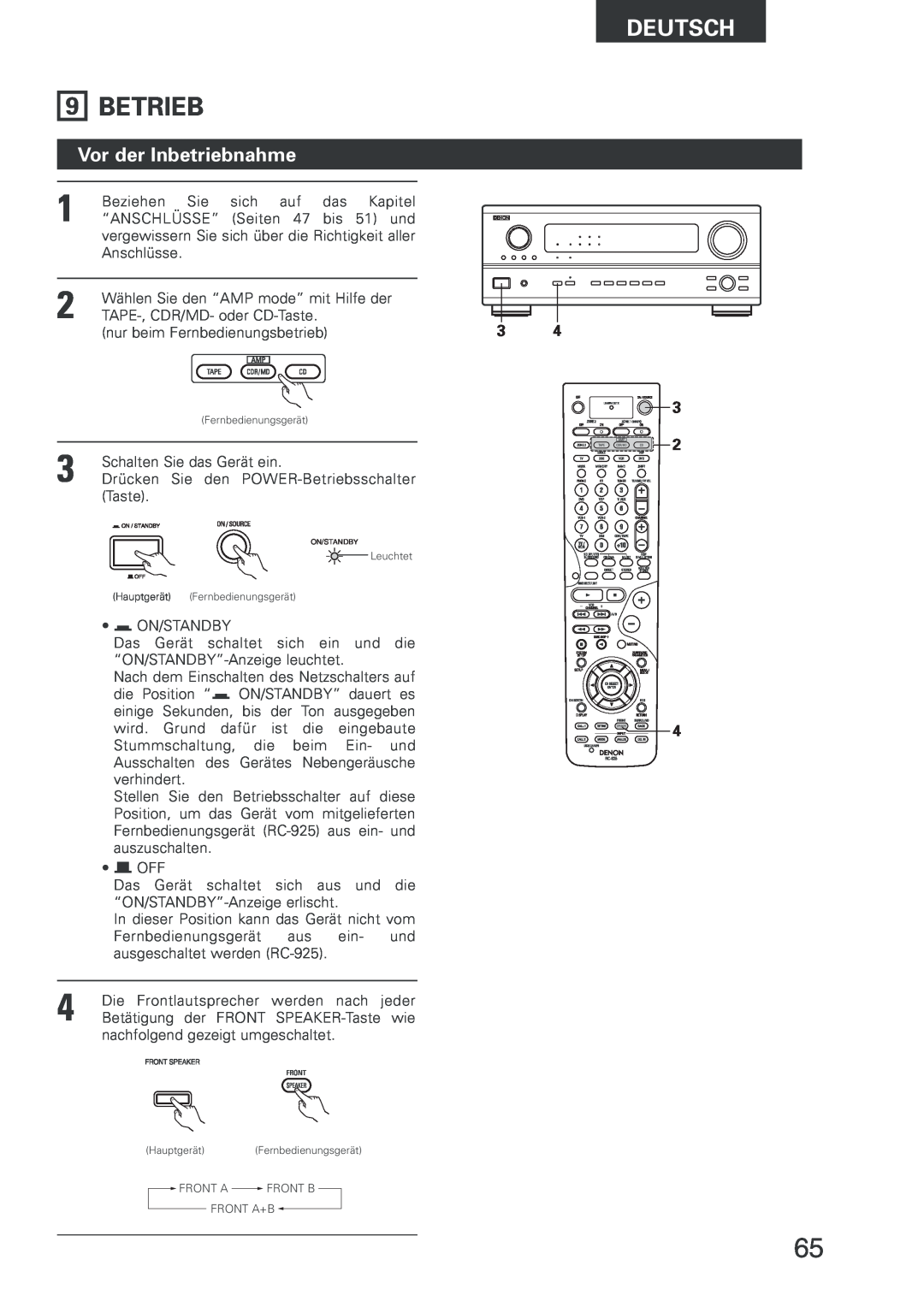 Denon AVR-2803 manual Betrieb, Vor der Inbetriebnahme, nur beim Fernbedienungsbetrieb, Deutsch 