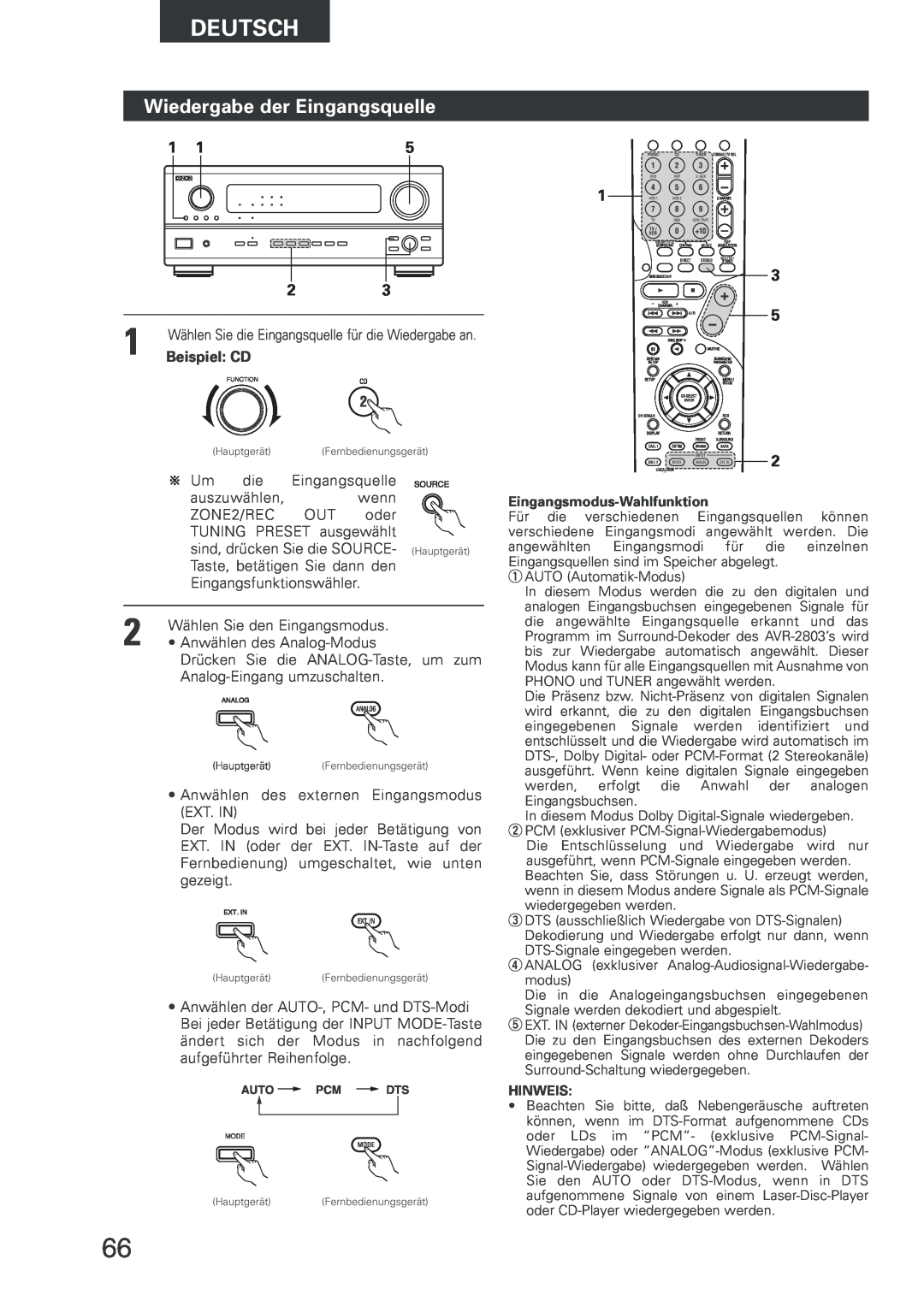 Denon AVR-2803 manual Wiedergabe der Eingangsquelle, Beispiel CD, Deutsch 