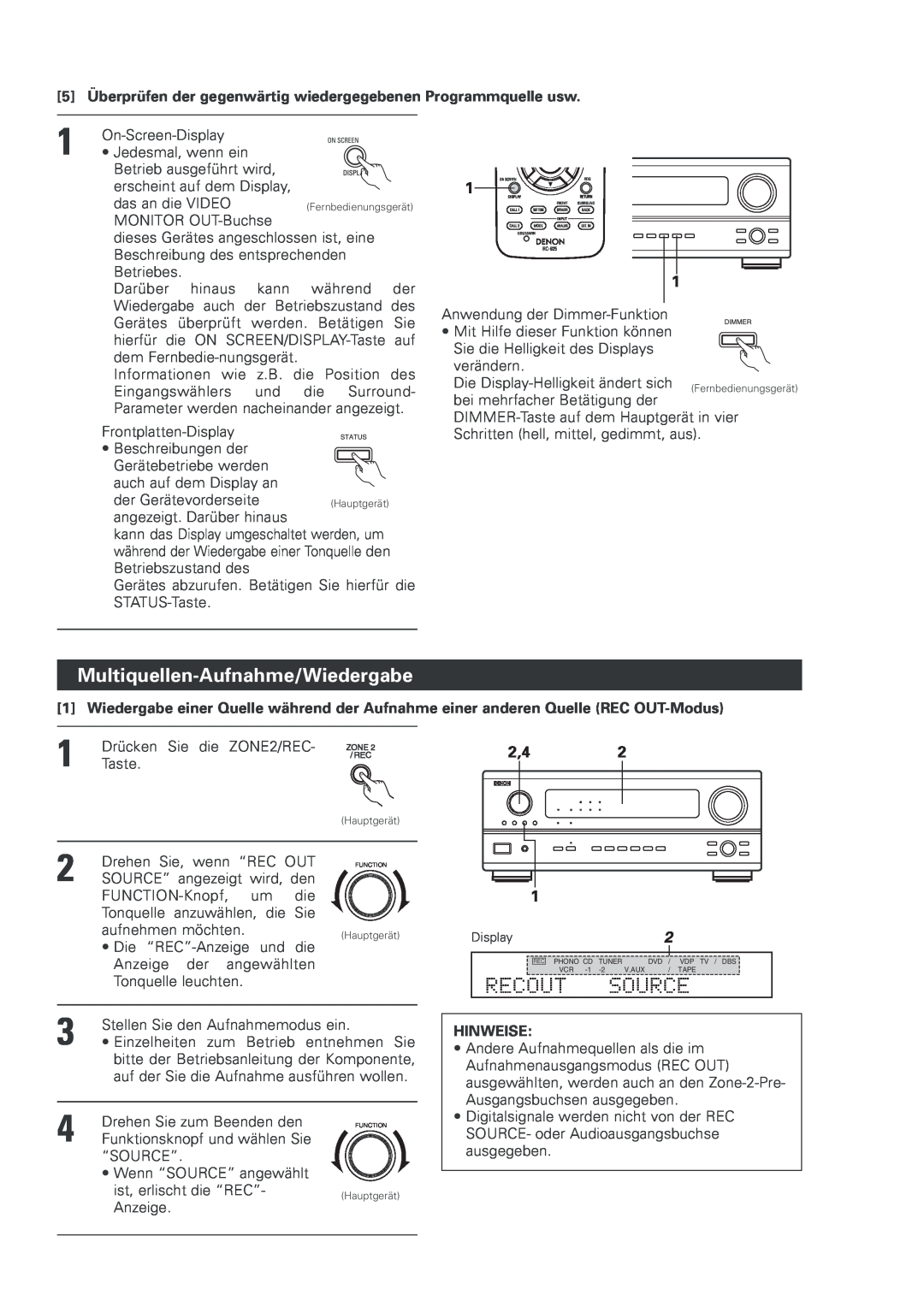 Denon AVR-2803 manual Multiquellen-Aufnahme/Wiedergabe, Recout, Source, 2,42, Hinweise 