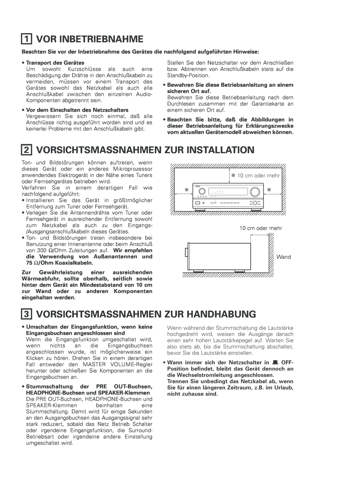 Denon AVR-2803 manual Vor Inbetriebnahme, Vorsichtsmassnahmen Zur Installation, Vorsichtsmassnahmen Zur Handhabung 