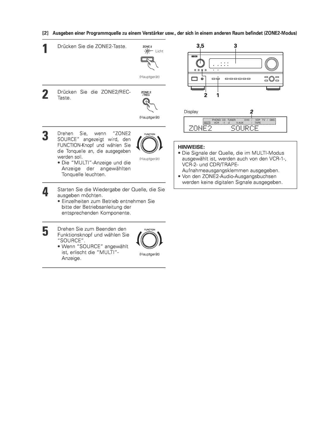 Denon AVR-2803 manual ZONE2, Source, Hinweise 