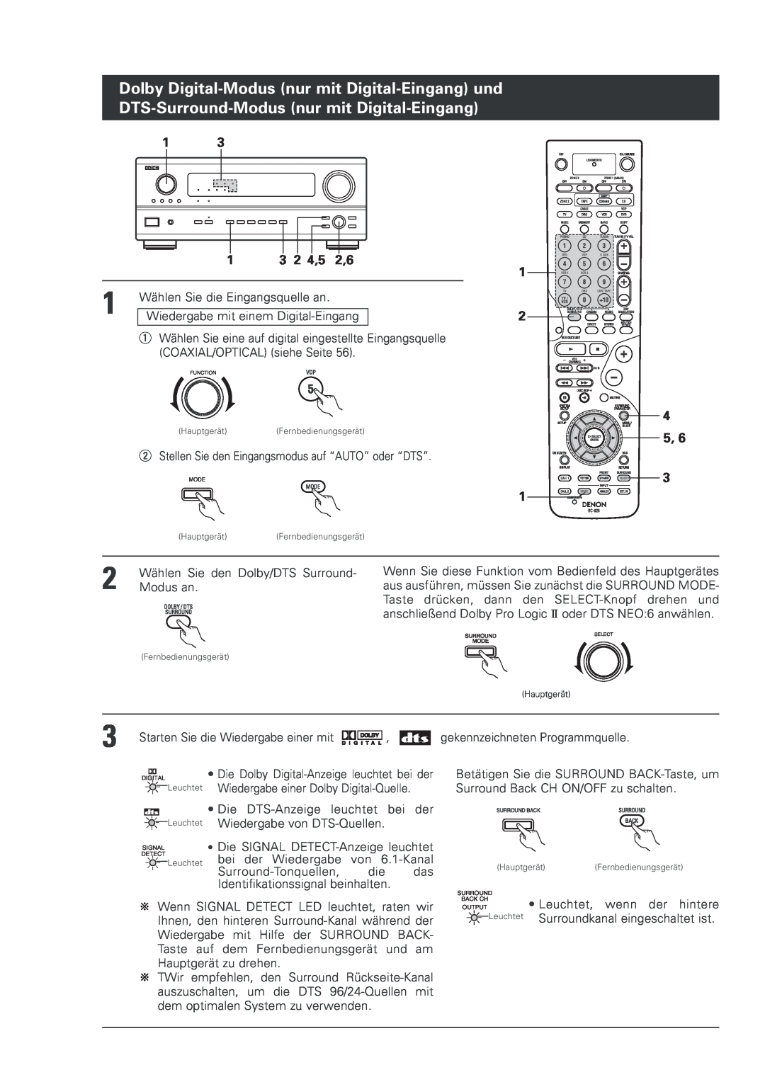 Denon AVR-2803 manual Dolby Digital-Modus nur mit Digital-Eingang und, DTS-Surround-Modus nur mit Digital-Eingang, 2 4,5 