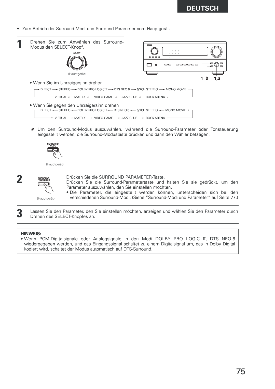Denon AVR-2803 manual 1 2 1,3, Deutsch, Hinweis 