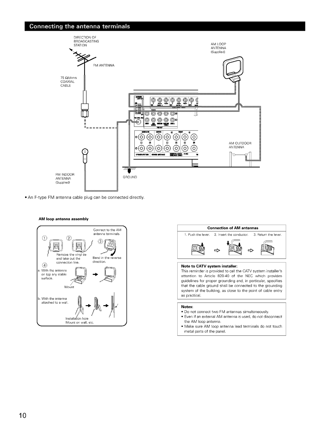 Denon AVR-2803/983 manual An Ftype FM antenna cable plug can be connected directly, Connection of AM antennas 