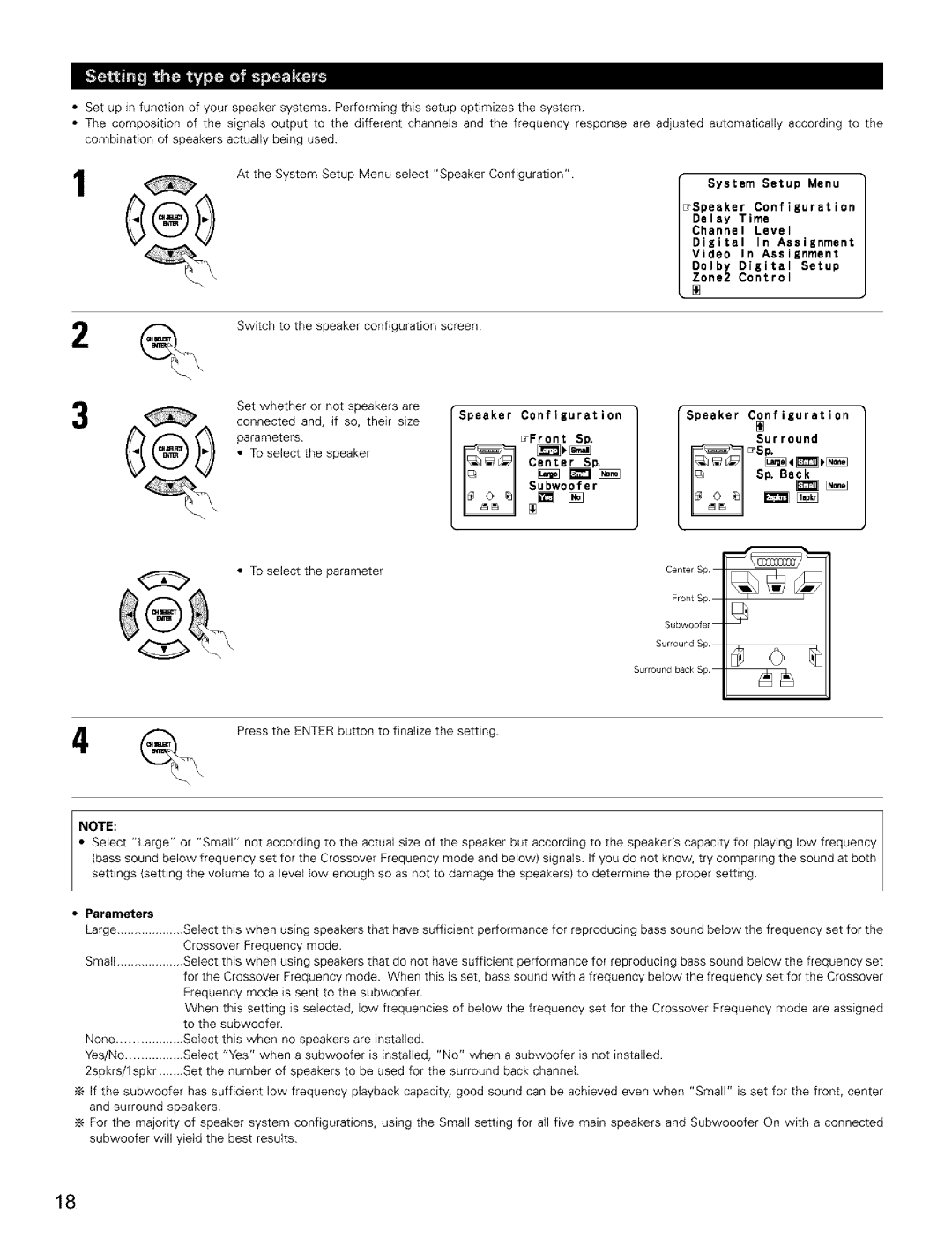 Denon AVR-2803/983 manual Speaker ConfiEuration, Configuration, Surround, Center Subwoofer Sp, Ba, Parameters 