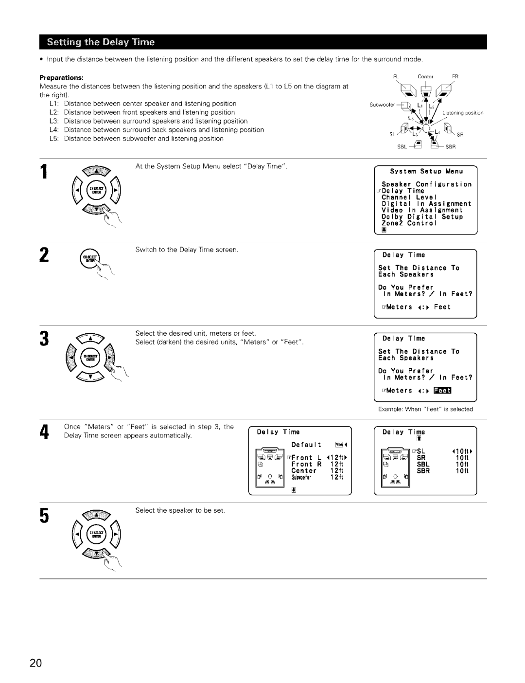 Denon AVR-2803/983 manual Preparations, System Setup Menu Speaker Configuration, Front R 12ft, Center 12ft, SL10ft 