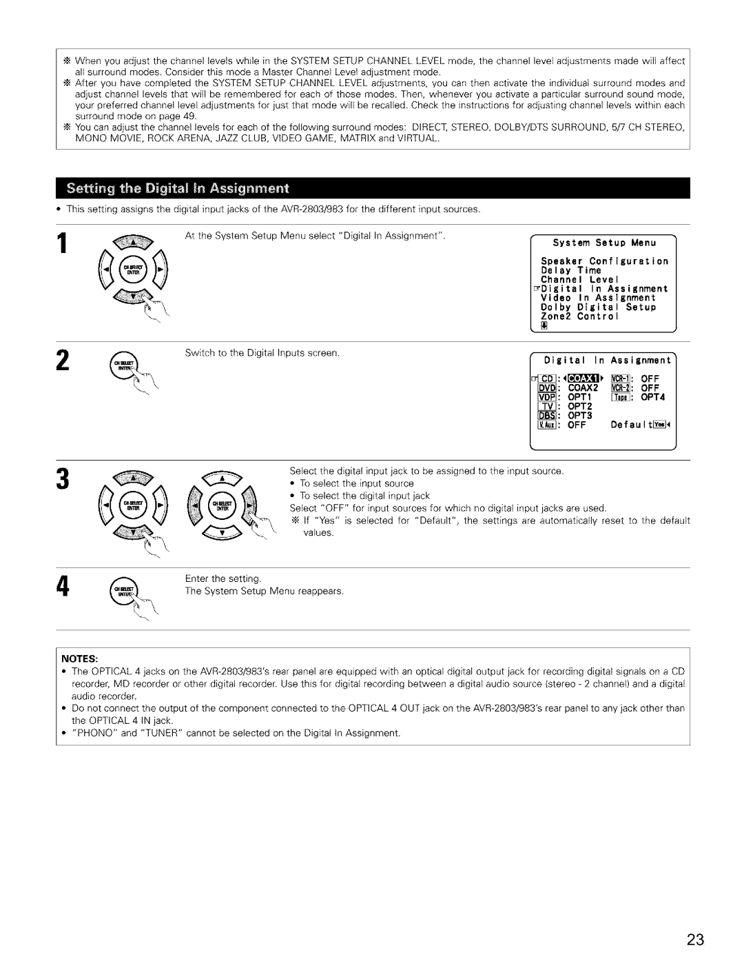 Denon AVR-2803/983 manual Off, COAX2 OFF OPT1 OPT4 OPT2 OPT3, Enter the setting 