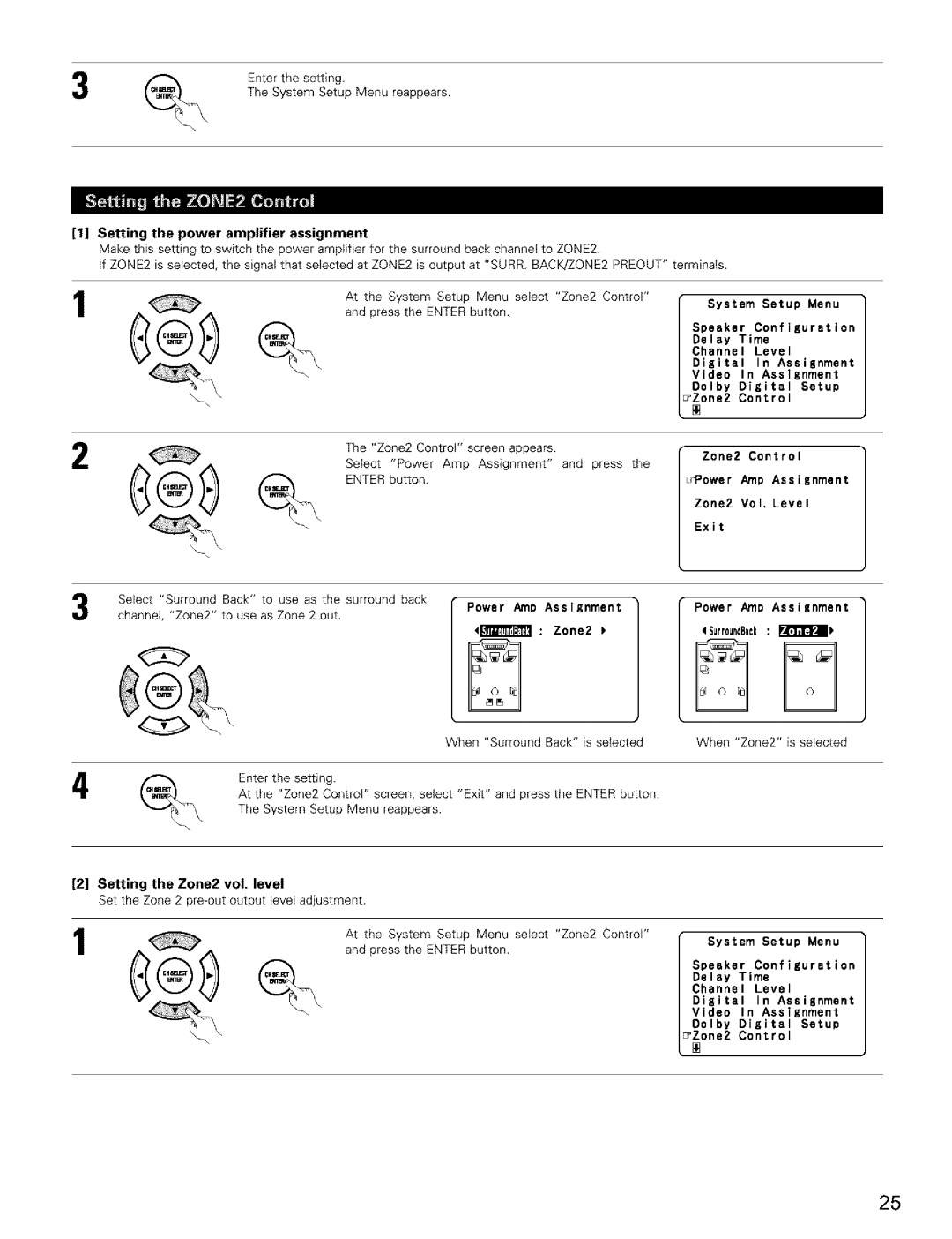 Denon AVR-2803/983 manual Setting the power amplifier assignment, Zone2 Control Power Amp Assignment Zone2 Vol, Level Exit 