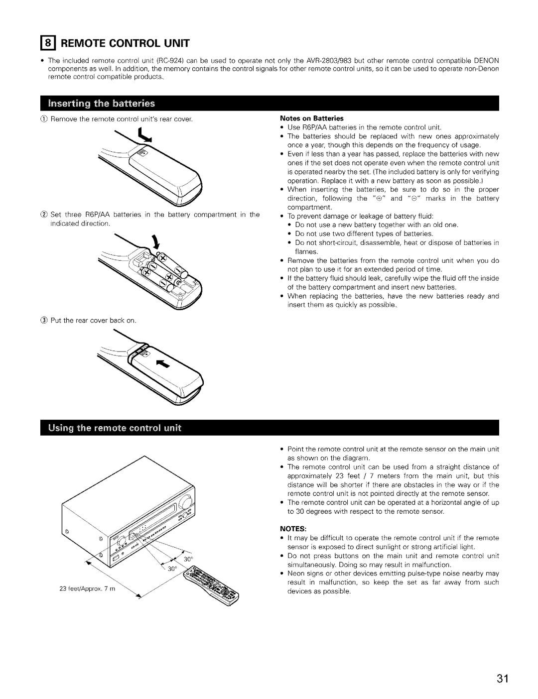 Denon AVR-2803/983 manual Remote Control Unit 