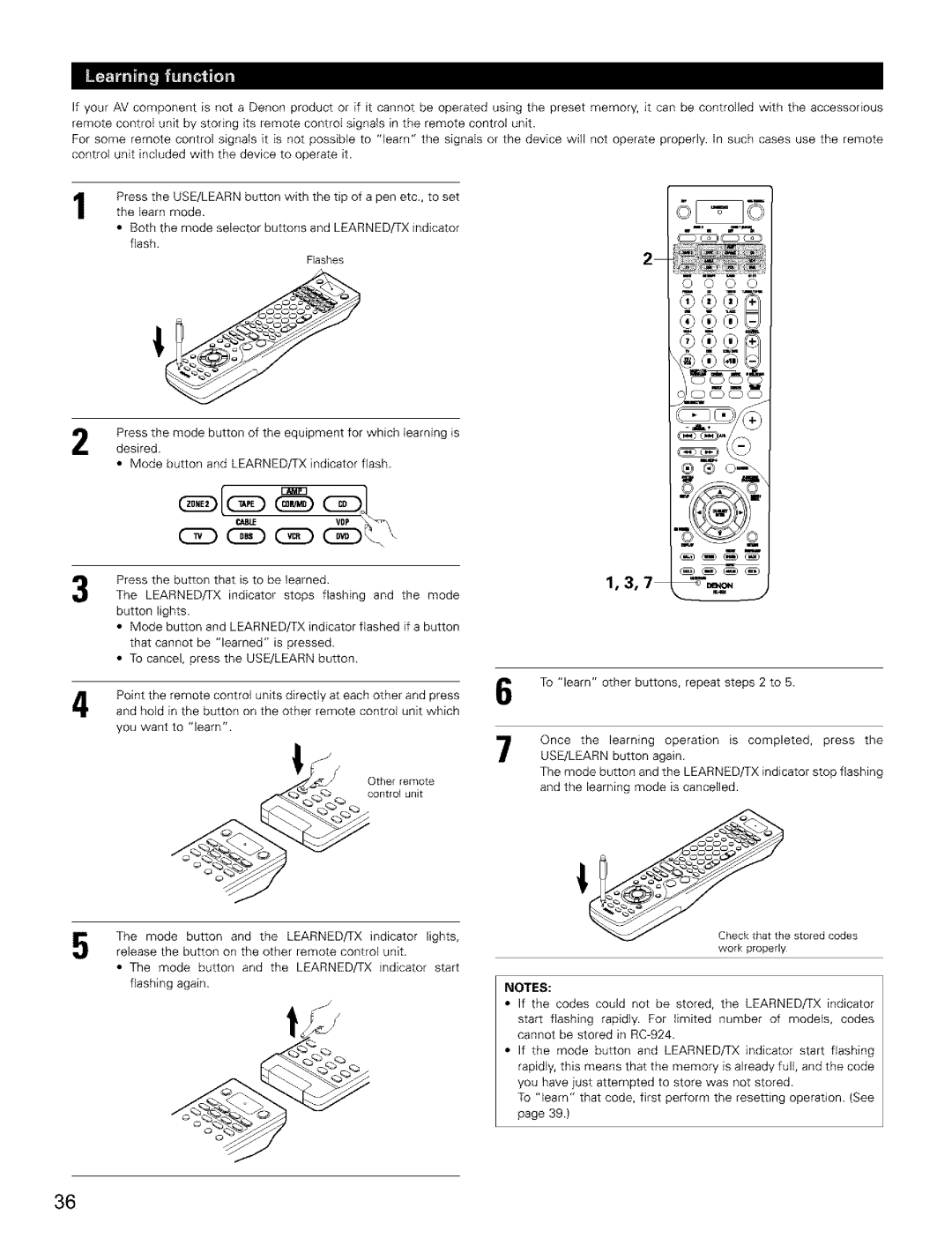 Denon AVR-2803/983 manual Mode button and the LEARNED/TX indicator Stop flashing 