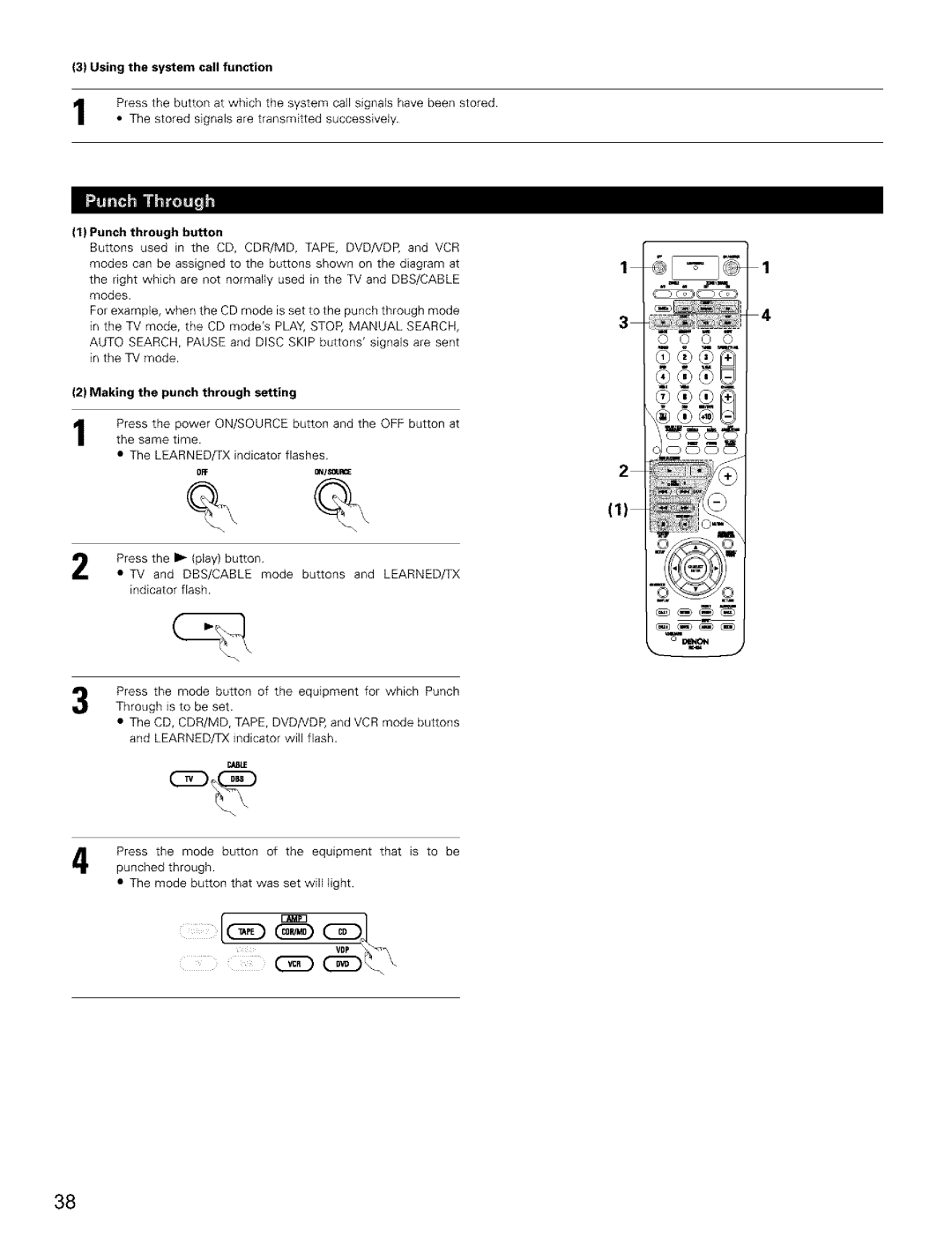 Denon AVR-2803/983 manual Using the system call function, Punch through button, Making the punch through setting 