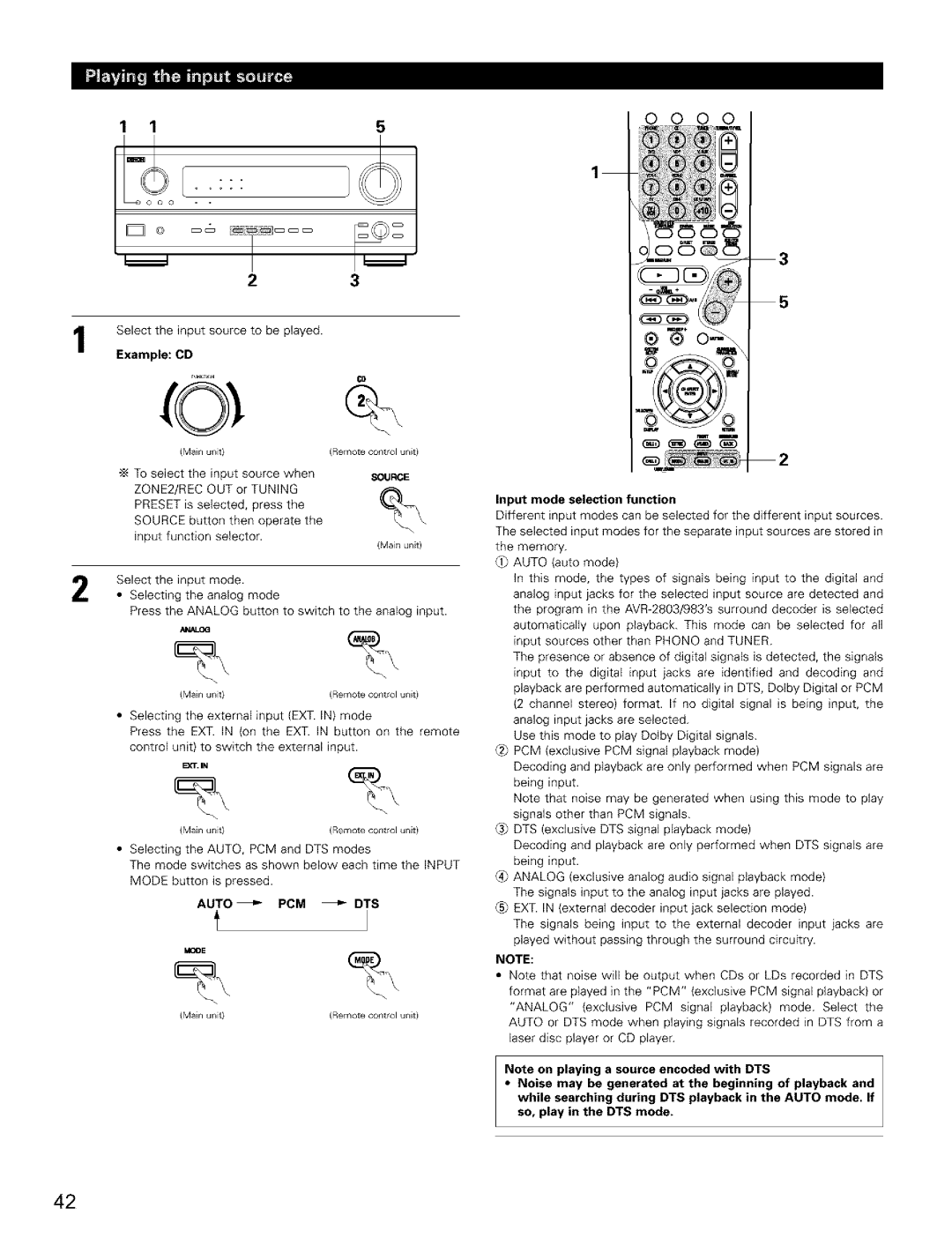 Denon AVR-2803/983 manual Example CD, 8OUROE ZONE2/REC, Mode selection Function, Auto PCM DTS 