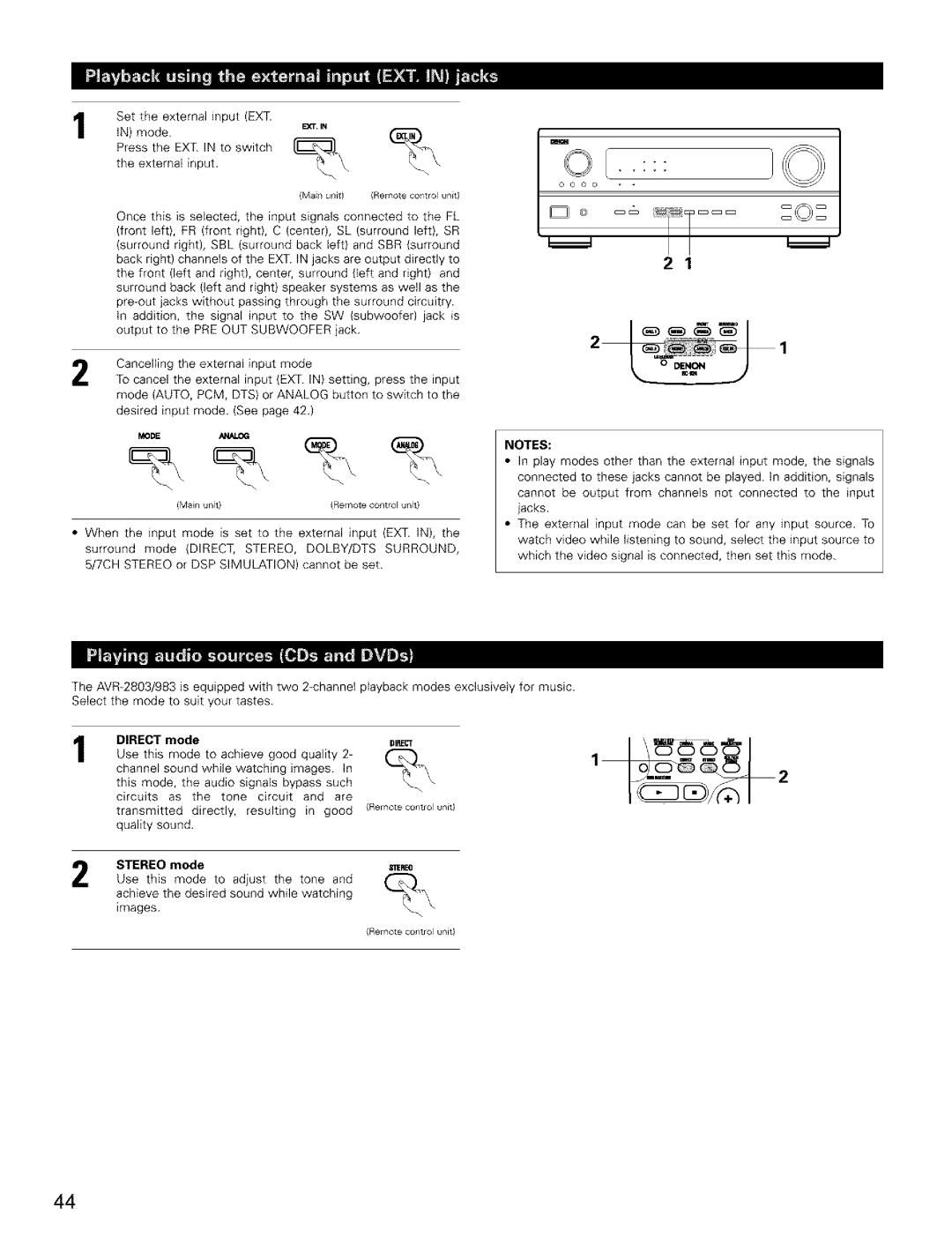 Denon AVR-2803/983 manual Direct, Stereo mode 