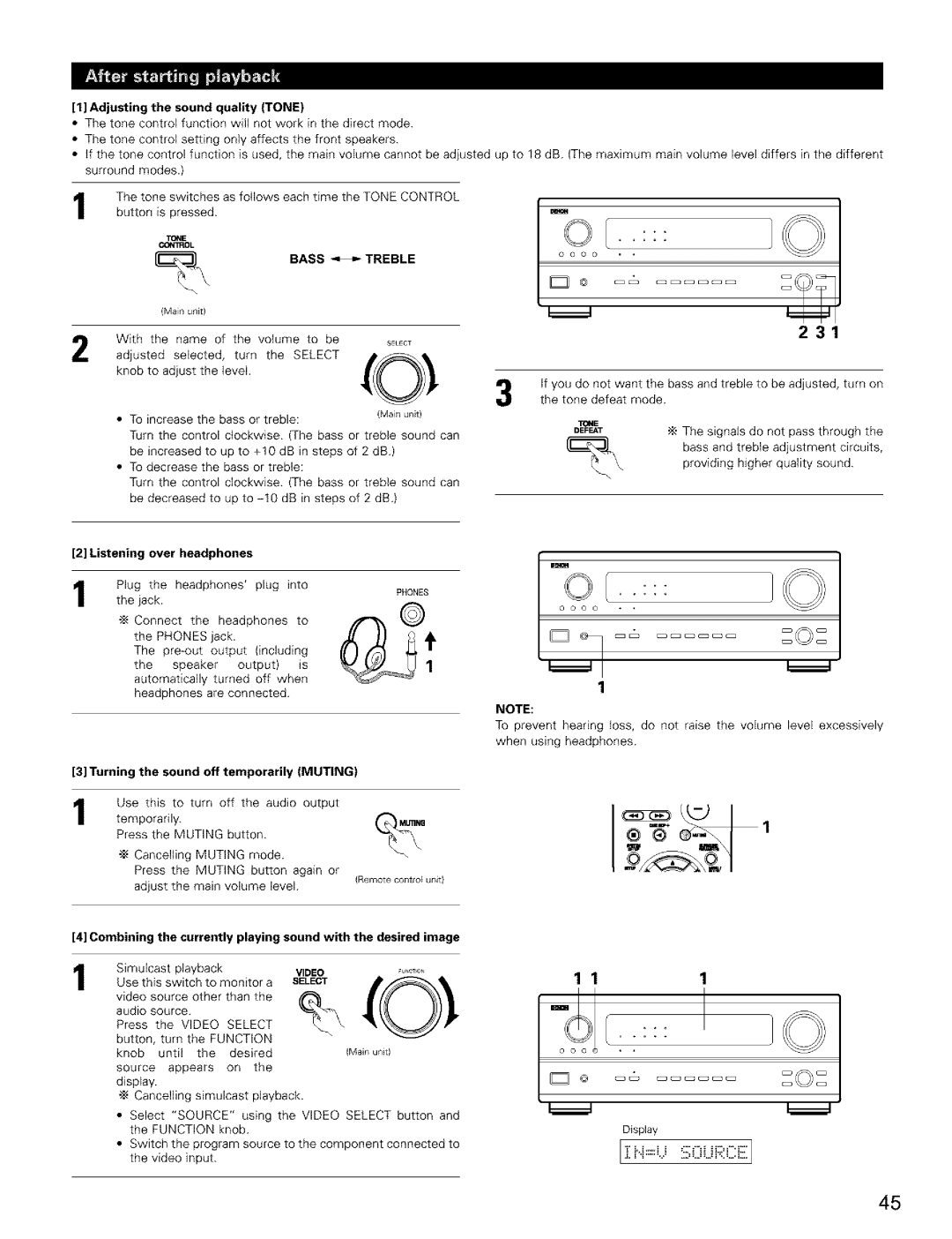 Denon AVR-2803/983 manual Adjusting the sound quality Tone, Basstreble, Listening over headphones, Video 