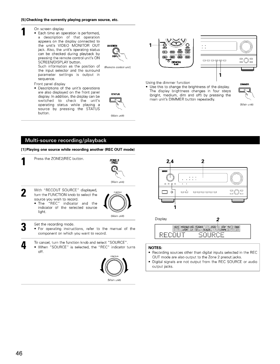 Denon AVR-2803/983 manual Checking the currently playing program source, etc, Status, Using the dimmer function, L.. L 