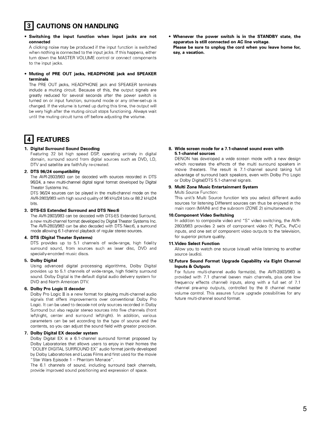 Denon AVR-2803/983 manual Features 