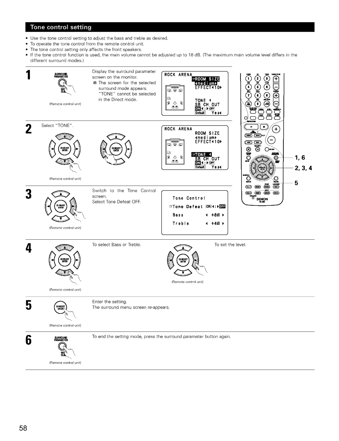 Denon AVR-2803/983 manual Rock Arena, Ch Out, Yess, Tone Defeat ss Bass +8dB s, +4dB 