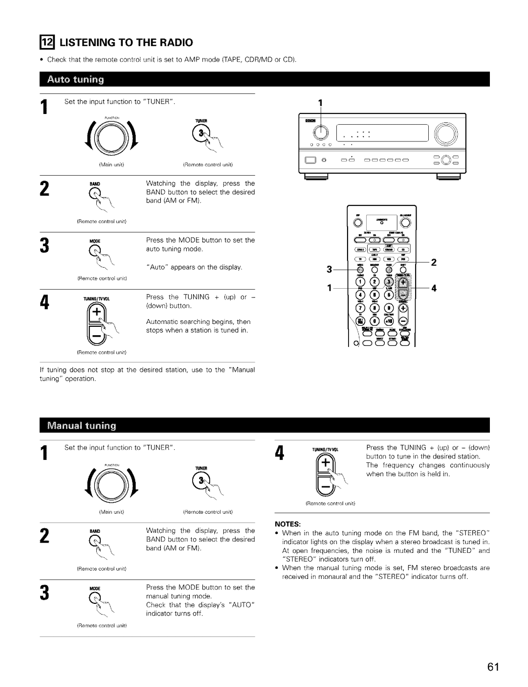 Denon AVR-2803/983 manual Listening to the Radio, Stereo 