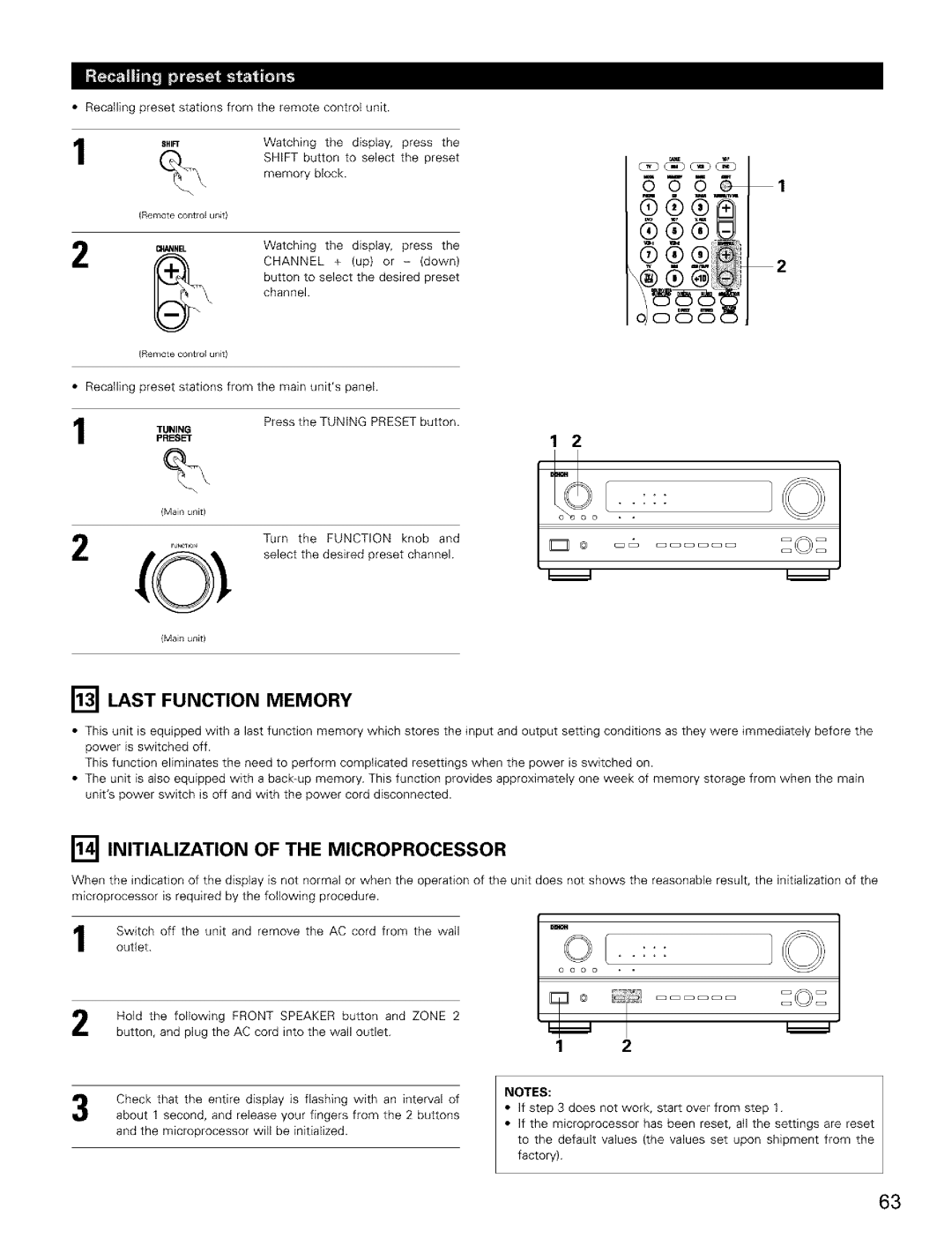 Denon AVR-2803/983 manual Last Function Memory, Initialization of the Microprocessor, Shift, Tuning 