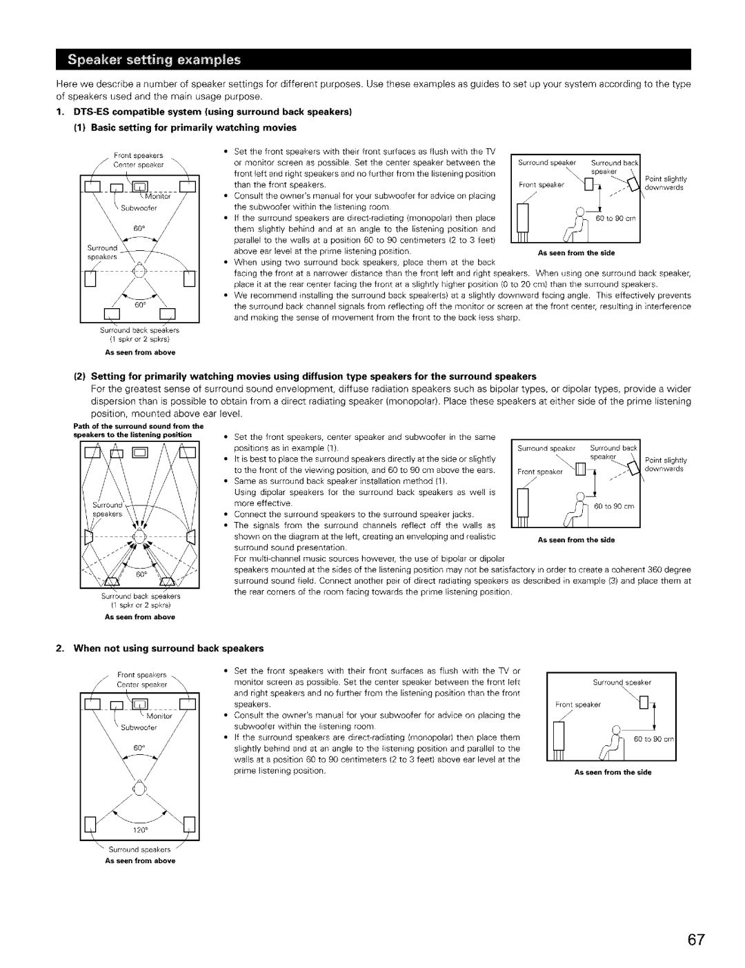 Denon AVR-2803/983 manual When not using surround back speakers, As seen from the side, Prime listening position 