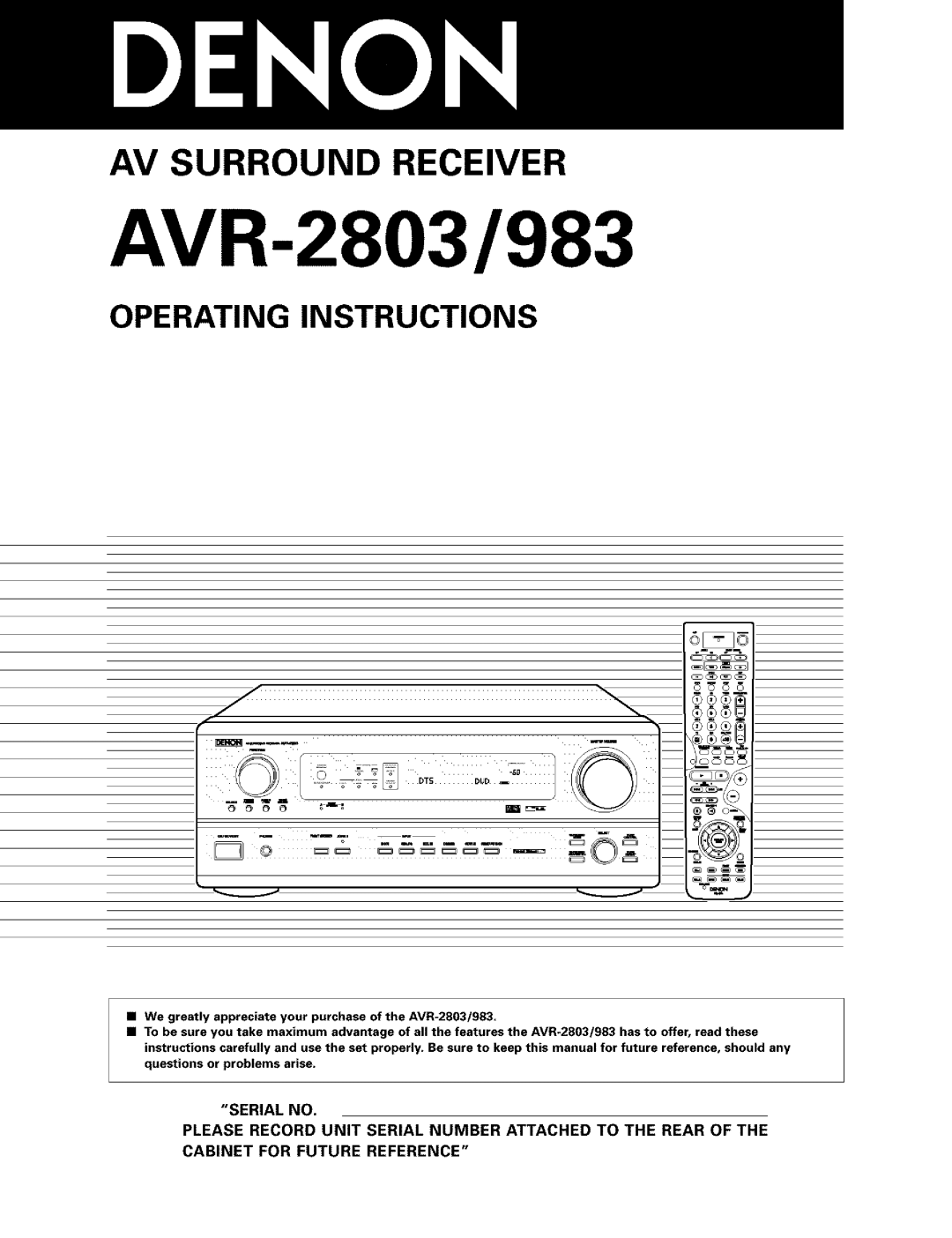 Denon AVR-2803/983 manual Operating Instructions, Cabinet For Future Reference, Av Surround Receiver, Serial No 
