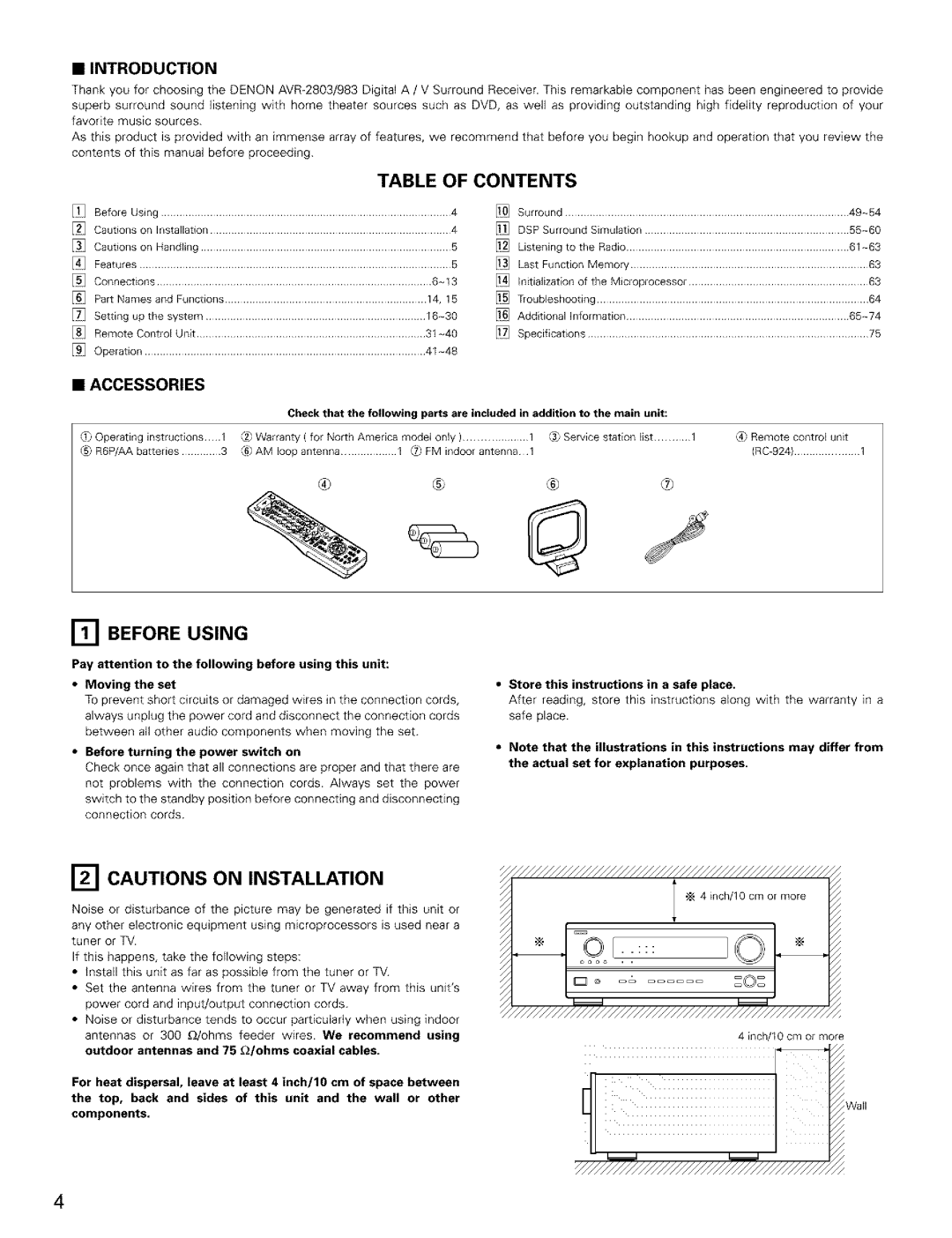 Denon AVR-2803/983 Table Of Contents, Before Using, Cautions On Installation, •Introduction, •Accessories, •Moving the set 